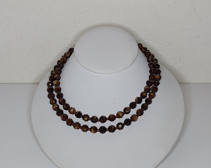 Vintage Western Germany Signed Givre Glass Two Strand Beaded Necklace in Brown D-1-87