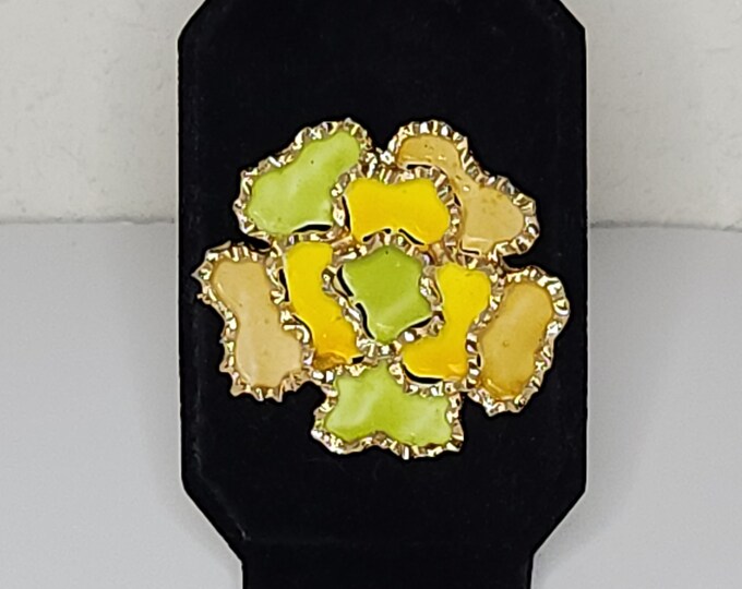 Hard to Find Vintage Coro Signed Gold Tone Floral Brooch Pin with Orange, Yellow and Green Enamel C-8-63