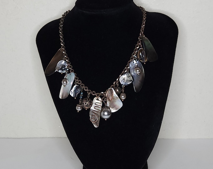 Vintage Lia Sophia Signed Copper Tone, Abalone Shell and Faux Pearl Dangle Charms Necklace C-5-17