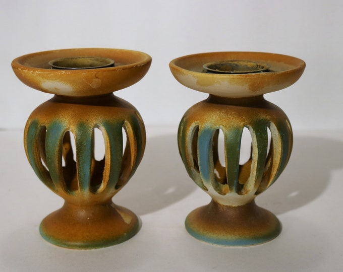 Retro Ceramic Candle Holders with Reticulated Base - Golden with Blue-Green Matte Glaze