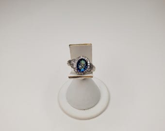 Costume Mystic Topaz Glass and CZ Sliver-Tone Ring Size 6.5 D-6-32