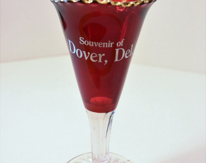 Vintage Ruby Flashed Dover, Del Souvenir Wine Glass