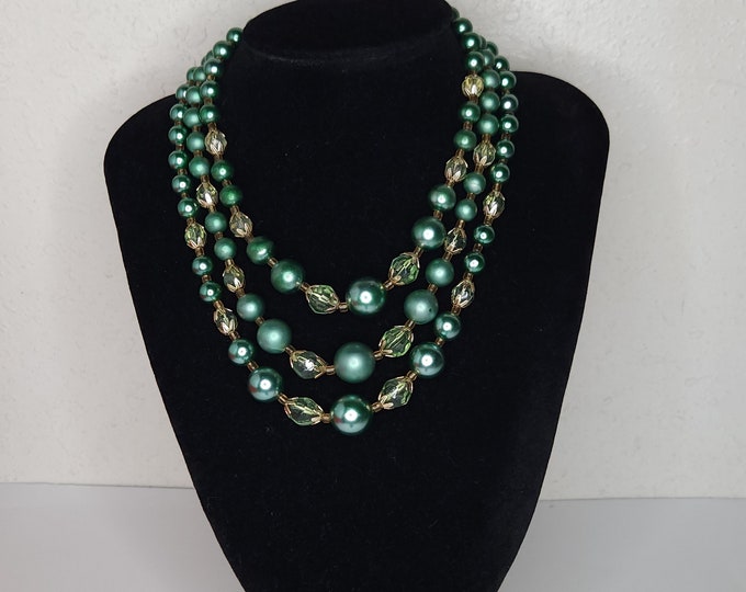 Vintage Japan Marked Three Strand Graduated Green and Gold Tone Beaded Necklace D-3-43