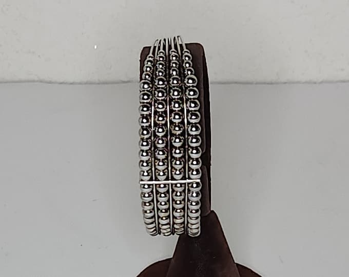Vintage Silver Tone Open Cuff Bracelet with Four Rows of Round Silver Tone Beads - Pliable D-1-48