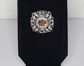 Vintage Roses Micro Cross Stitch and Silver Tone Brooch Pin C-8-5