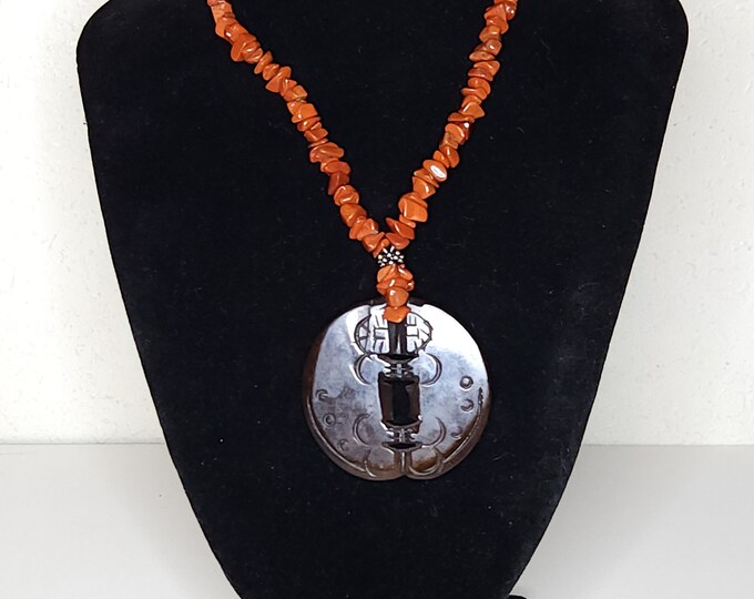 Vintage Jasper and Silver Tone Necklace with Nephrite Jade Pendant A-9-28