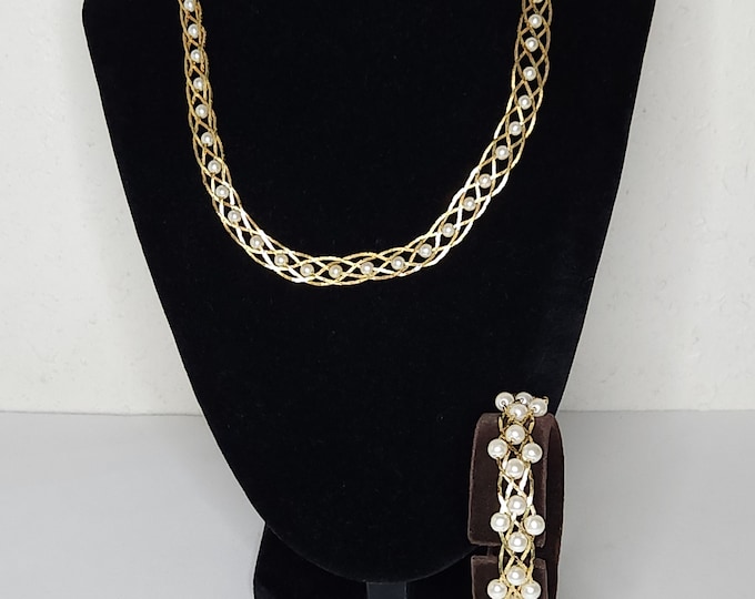 Vintage Avon Signed Gold Tone Serpentine Chain and Faux Pearl Braided Necklace and Bracelet Set C-6-31