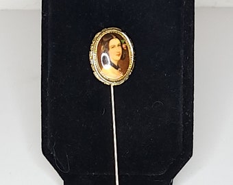 Vintage Victorian Woman Portrait Gold Tone Stick Pin Brooch A-7-61