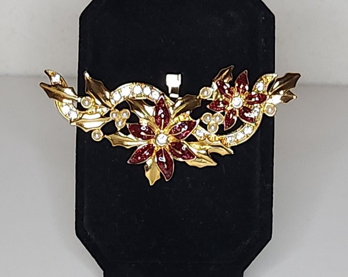 Vintage Avon Signed Gold Tone Floral Brooch with Red Glitter Enamel, Clear Rhinestones and Faux Pearls A-5-12-RRH