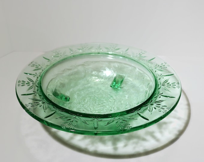 1930's US Glass Rose and Thorn 10 3/4" Green Depression Glass Footed Serving Bowl w/Wide Rim
