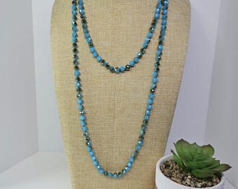 Vintage Turquoise Blue with Copper Colored Iridization Crystal Bead Flapper Length 56" Necklace D-4-7