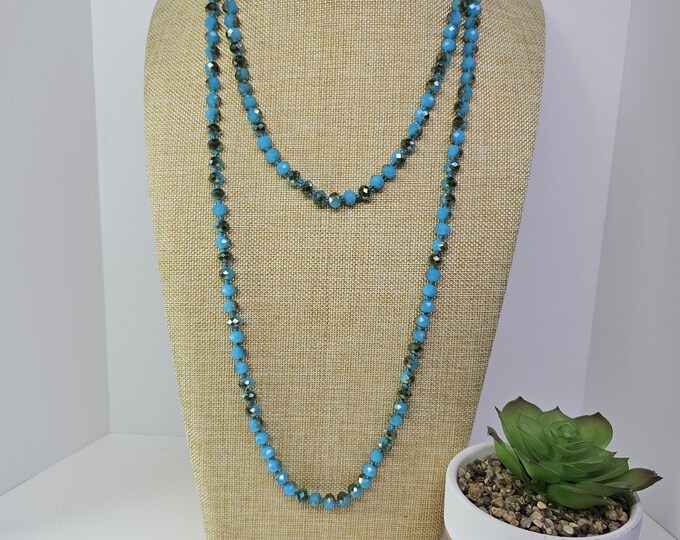 Vintage Turquoise Blue with Copper Colored Iridization Crystal Bead Flapper Length 56" Necklace D-4-7