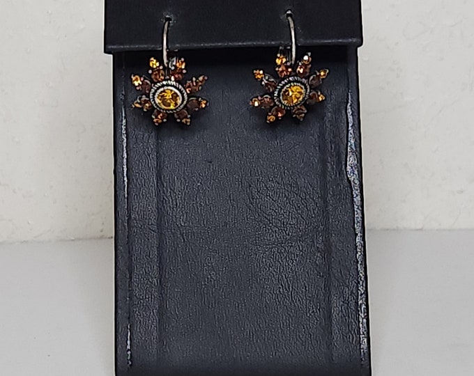 Vintage Silver Tone Flower Earrings with Orange and Yellow Rhinestones C-7-24