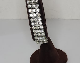 Vintage Silver Tone Expandable Bracelet with Three Rows of Clear Rhinestones C-4-44