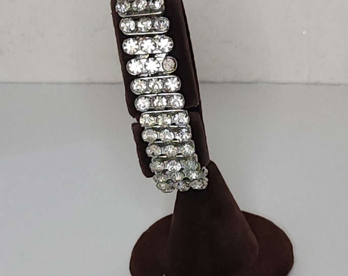 Vintage Silver Tone Expandable Bracelet with Three Rows of Clear Rhinestones C-4-44