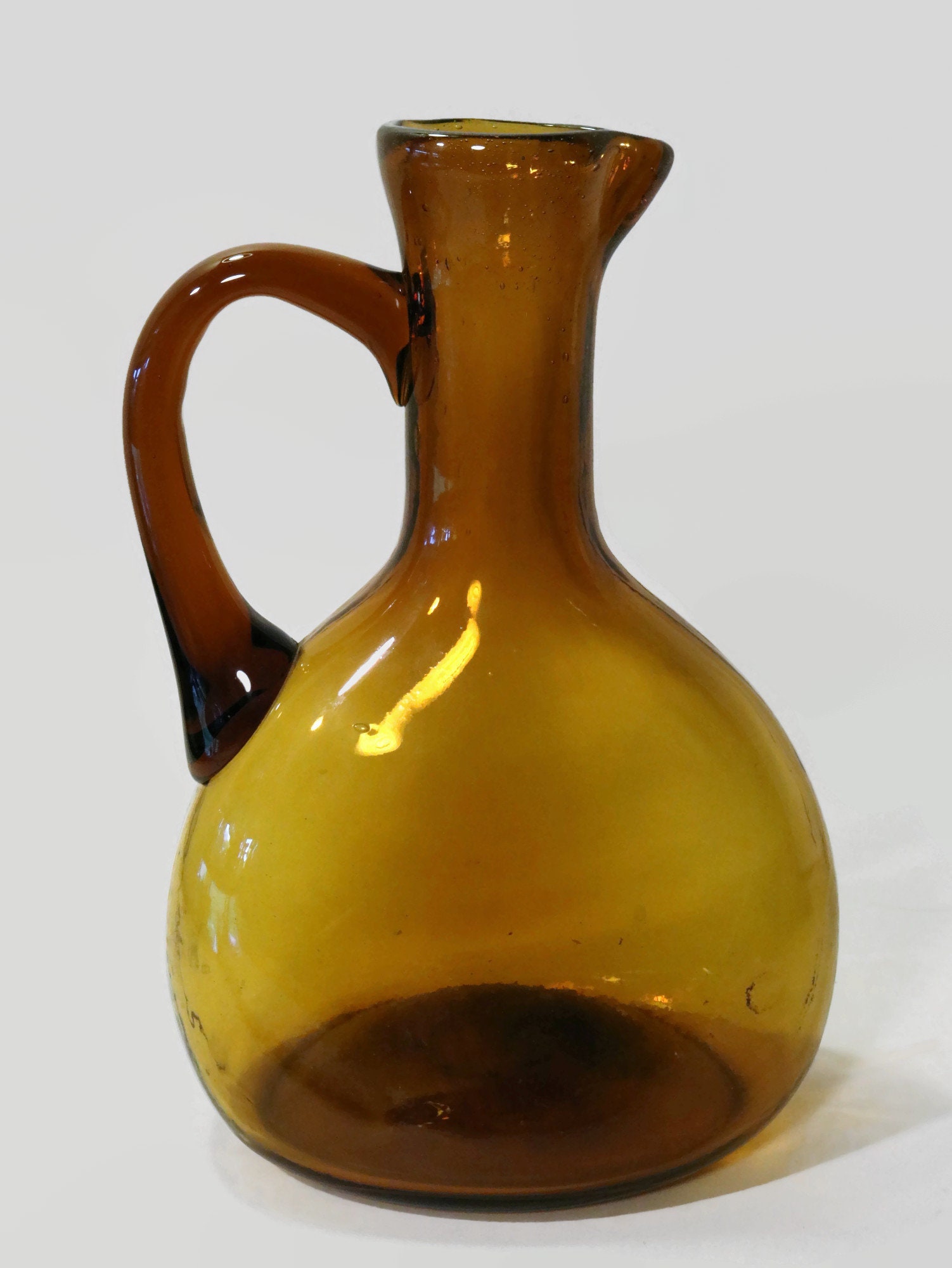 Vintage Amber Glass Jug Decanter Bottle with Handle Hand Blown