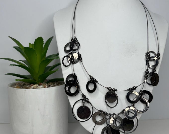 Gunmetal Tone Double Wire Hoops and Discs Necklace 16” to 19” D-8-5