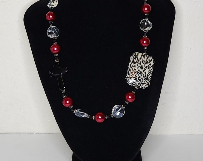 Vintage Mixed Glass and Plastic Beaded Necklace in Red, Black and Clear with Cross and Animal Print C-4-2