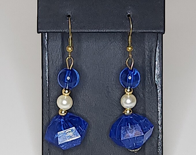 Vintage Blue Acrylic and Faux Pearl Beaded Earrings with Crackled Glass Look A-6-33