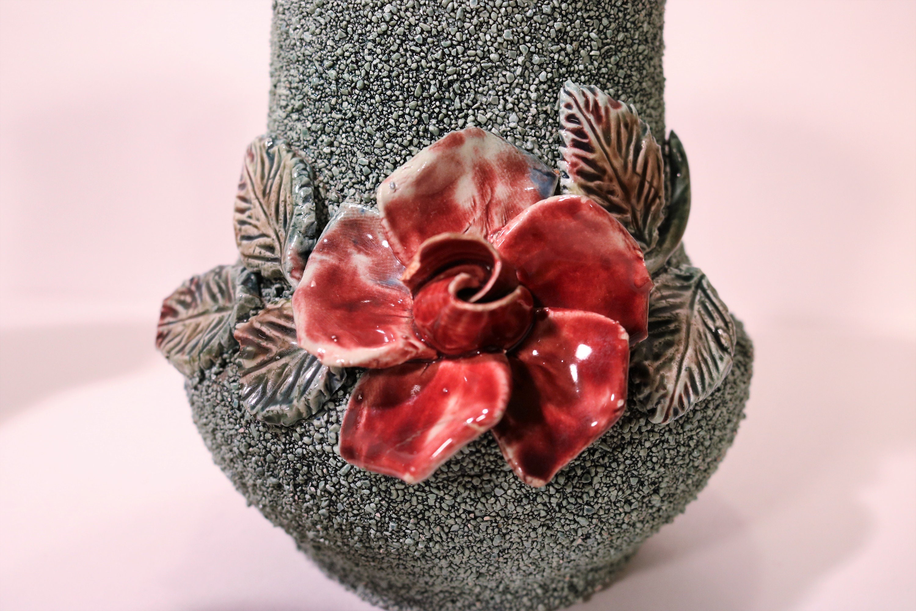 Victorian Sand Majolica BarbitoneStyled with Applied Flower Red Rose Vases Set of 3 www