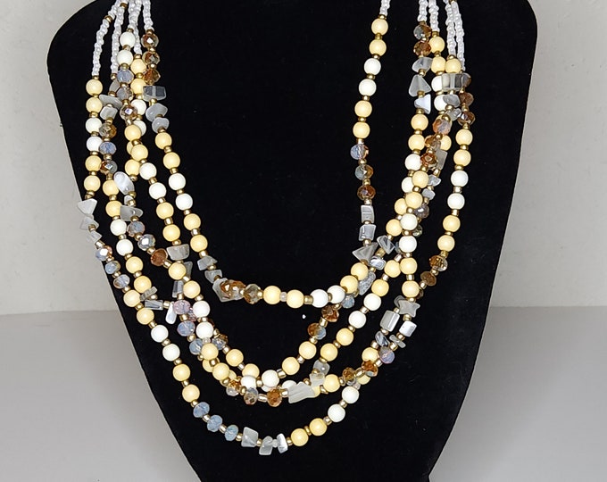 Vintage Beige Mixed Plastic, Glass and Stone Chip 5 Strand Necklace with Earrings A-9-17