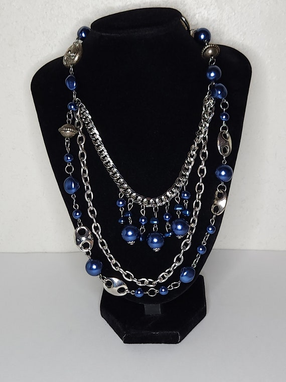 Silver Tone Three Strand Chain Necklace with Blue 