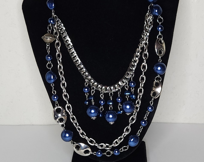 Silver Tone Three Strand Chain Necklace with Blue Beads and Blue Ribbon C-9-84