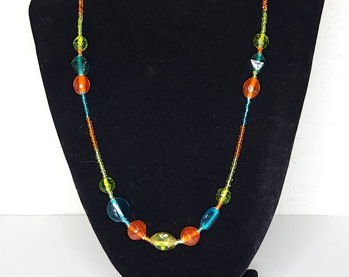 Vintage Translucent Green, Orange and Blue Seed Bead and Plastic Beaded Necklace B-4-83