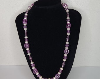 Vintage Translucent Purple Plastic and Faux Pearl Beaded Necklace D-3-47
