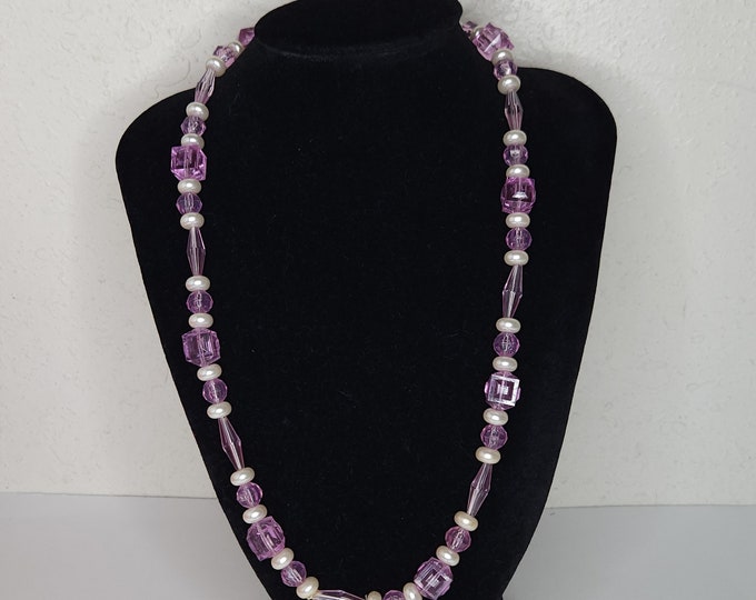 Vintage Translucent Purple Plastic and Faux Pearl Beaded Necklace D-3-47