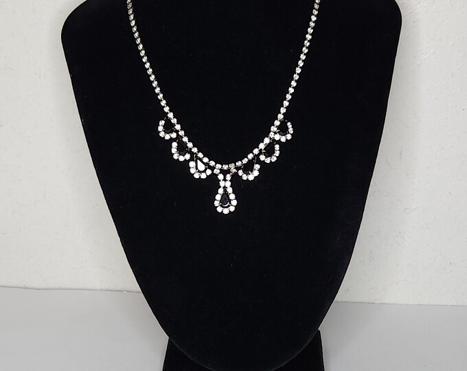 Vintage Silver Tone Cup Chain Necklace with Clear Rhinestones and Black Teardrop Rhinestones C-4-25