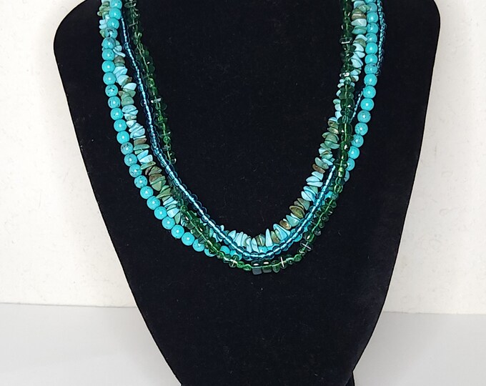 Vintage Avenue Signed Four Strand Faux Turquoise Beaded Necklace C-3-69