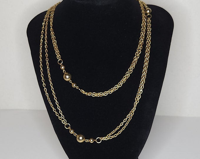 Vintage Gold Tone Multi Strand Chain with Round Ball Accents Necklace A-8-38