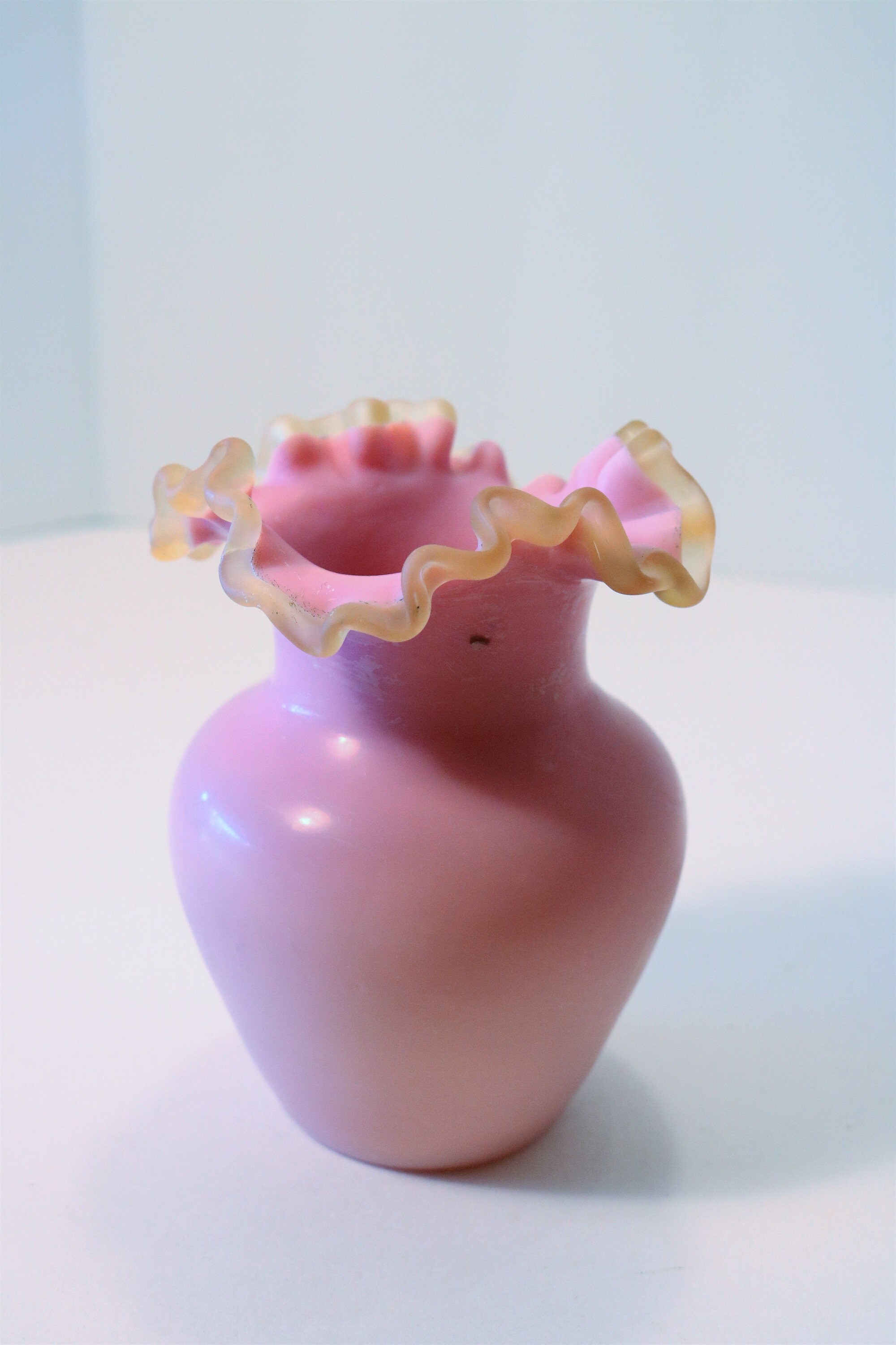 Victorian Pink Satin Glass 5 Vase with Ruffled Edge