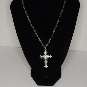 Vintage VCLM Signed Peridot and Citrine Colored Glass Beads and Rhinestones Silver Tone Cross Pendant Necklace B-5-20