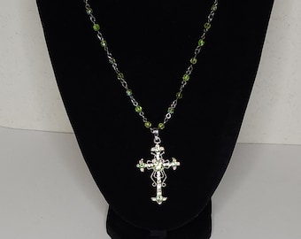 Vintage VCLM Signed Peridot and Citrine Colored Glass Beads and Rhinestones Silver Tone Cross Pendant Necklace B-5-20