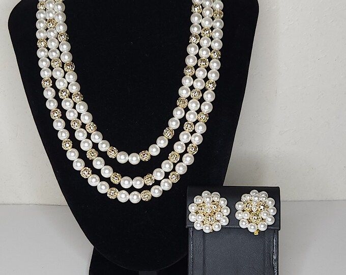 Vintage Japan Marked Glass Faux Pearl and Gold Tone Cutout Beaded Three Strand Necklace and Clip-On Earrings Set B-9-41