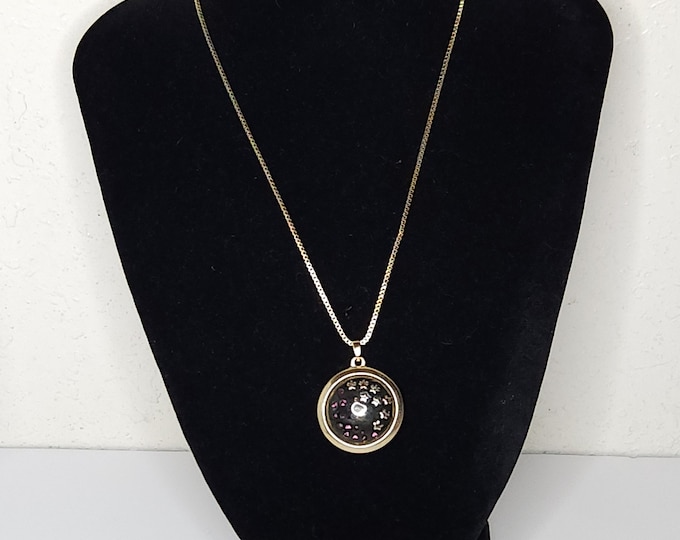 Vintage Liz Claiborne Signed Clear Circle Pendant with Stars and Purple Rhinestones on Gold Tone Box Chain Necklace D-2-21