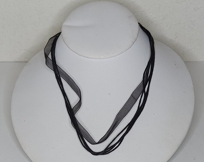 Black Cord and Ribbon with Silver Tone Chain Necklace C-4-24