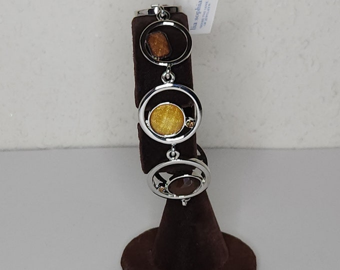 Vintage Lia Sophia Signed Silver Tone And Orange / Brown Glitter Faceted Pieces Round Link Bracelet with Tag C-8-6