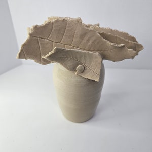 May include: A beige ceramic vase with a textured surface, topped with a sculpted leaf design.