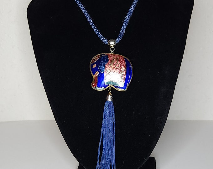 Vintage NOS Elephant Cloisonne Pendant with Tassel on Blue Braided Necklace A-9-12