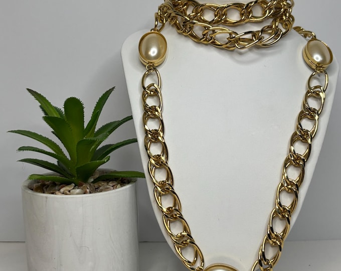 Long Gold Tone Faux Pearl Double Link Necklace 40” D-8-59