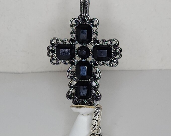 Vintage Premier Design Signed Two Pendants - Gunmetal Tone Cross with Black Rhinestones, Silver Tone Teardrop with Red Cabochon C-5-43