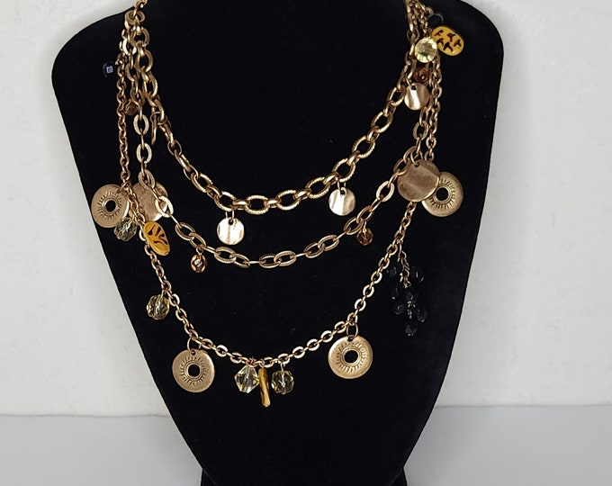 Vintage Chico's Signed Three Strand Gold Tone Chains with Bead and Disc Dangles Necklace D-1-23