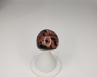 Murano Domed Black and Copper Aventurine Glass Ring Size 6 D-6-45
