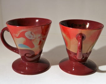 1999 Linda Fritchel Signed Frangelico Liqueur Cone Shaped Art Mugs in Burgundy/Maroon