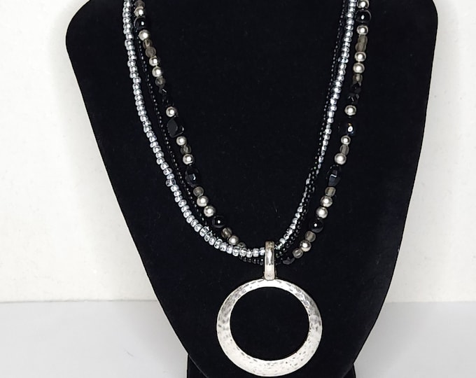 Vintage Premier Design Signed Three Strand Beaded Necklace with Silver Tone Circle Pendant C-5-16