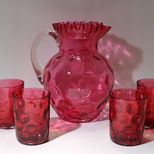 Fenton Cranberry Optical Coin Dot Pitcher and Tumbler Set