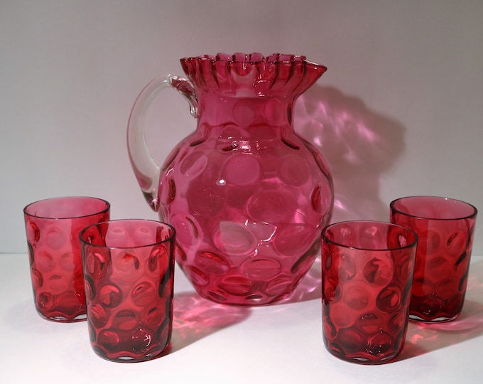 Fenton Cranberry Optical Coin Dot Pitcher and Tumbler Set